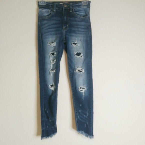 KANCAN Dark Wash Blue, DESTROYED/RAW ANGLED HEM Jeans SZ 24" x 24" x 9" inseam - Picture 3 of 7